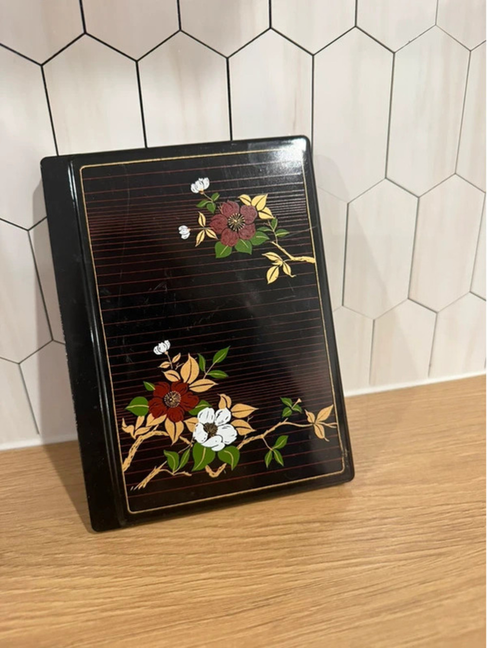 Vintage Japanese Floral Black Lacquer Address Book Organizer